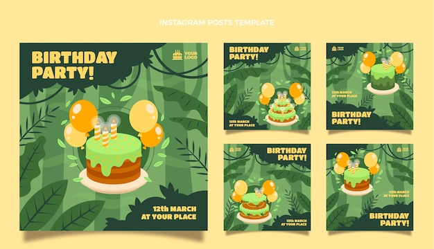 Vector jungle birthday party instagram post pack