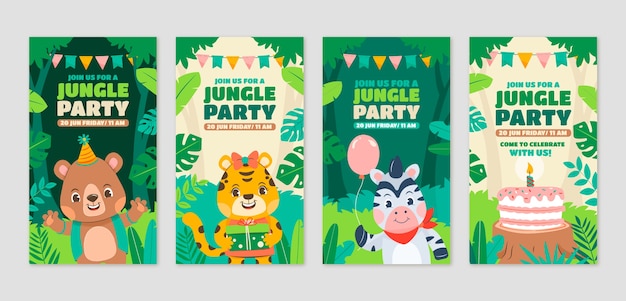 Vector jungle birthday party instagram story set