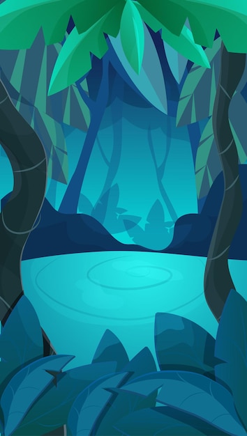 Vector jungle bos spel splash scherm, verticale donkere magische nacht als achtergrond in cartoon-stijl.