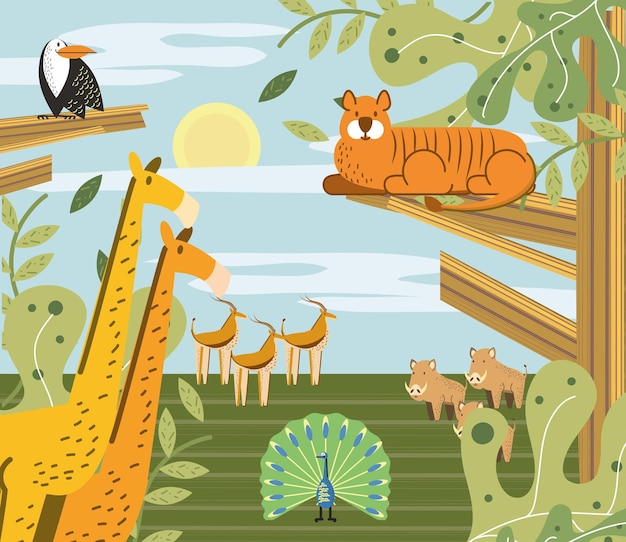 Jungle dieren in savanne natuur landschap cartoon afbeelding