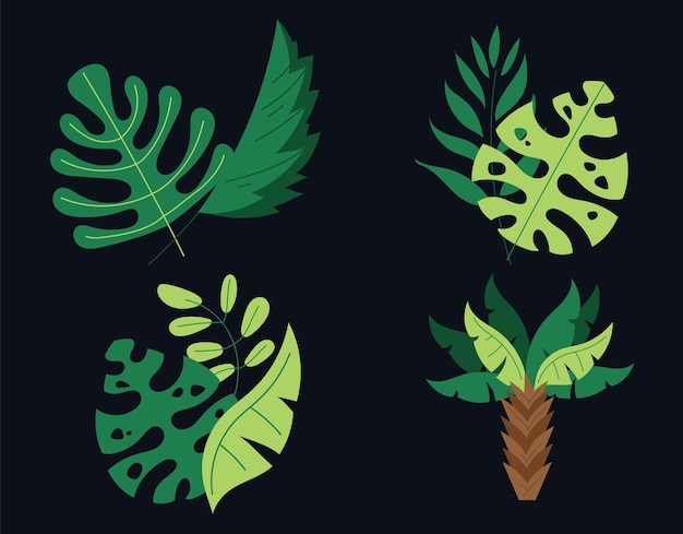 Jungle exotic flora tree palm leaves tropic plant isolated set Vector flat graphic design cartoon