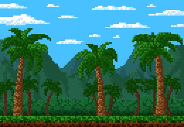 Paesaggio a livello di gioco a 8 bit pixel della foresta della giungla