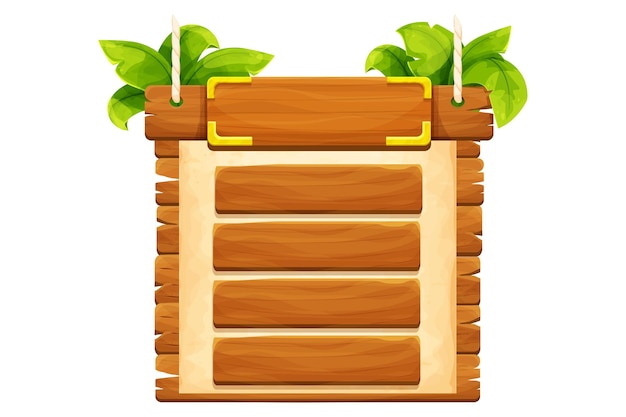 Jungle frame with wooden planks old paper rope decorated plants and leaves in comic cartoon style