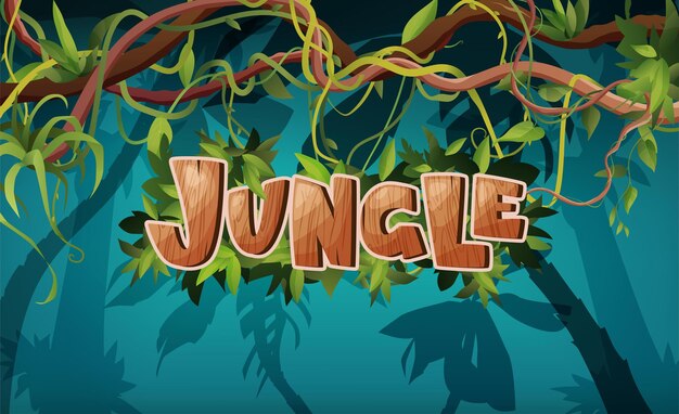 Vector jungle hand lettering wooden text textured cartoon letters liana or vine winding branches with tro