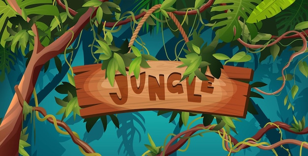 Vector jungle hand lettering wooden text textured cartoon letters liana or vine winding branches