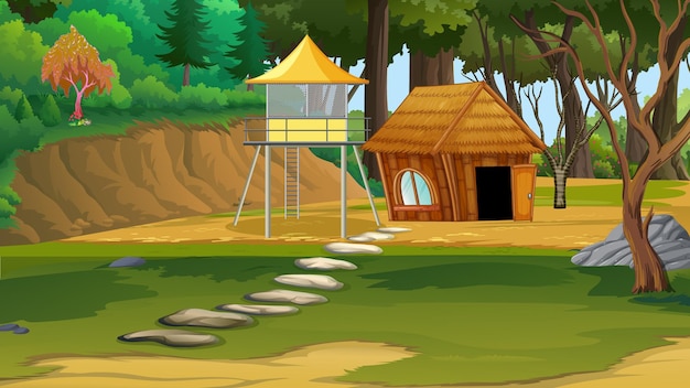 Jungle house cartoon vector background