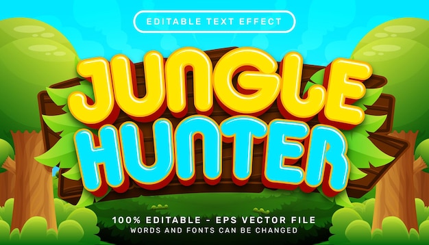Jungle hunter 3d-teksteffect en bewerkbaar teksteffect met bladillustratie