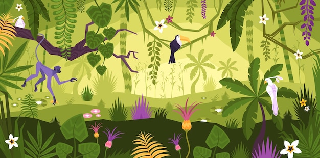 Jungle landscape flat composition with horizontal view of tropical flowers exotic plants and animals with birds illustration