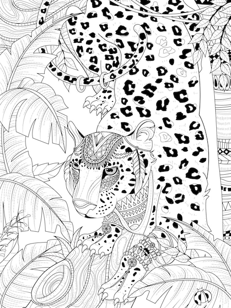 Premium Vector | Jungle leopard coloring page