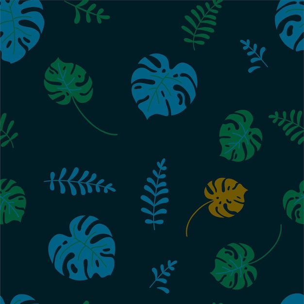 Jungle naadloos patroon met verschillende tropische planten op donkerblauwe achtergrond