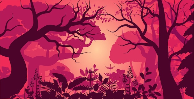 Jungle panorama silhouet fantasie dieren in het wild land
