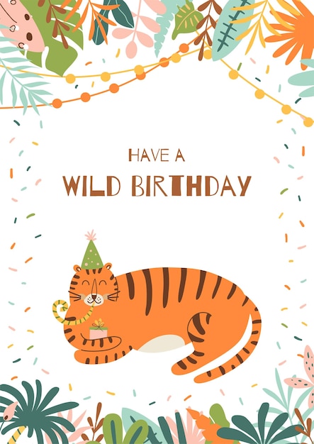 Vector jungle party card tiger wild birthday party postcard jungle palm leaves frame wild party template