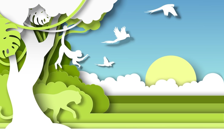 Vector jungle rainforest landscape and wild animals silhouettes vector paper cut illustration save discover...
