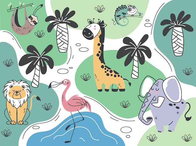 Jungle safari animal park map plan landscape africa graphic design illustration
