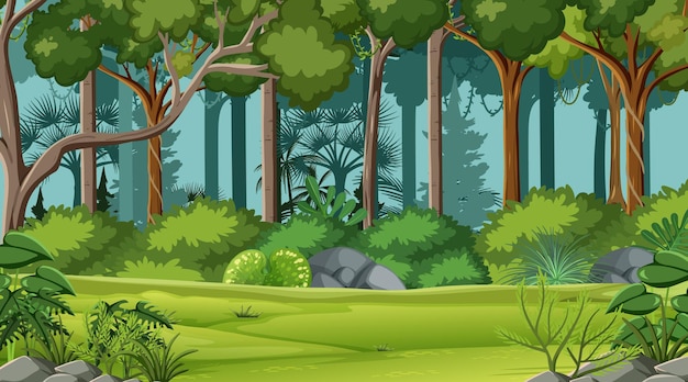 Vector jungle scene with various forest trees