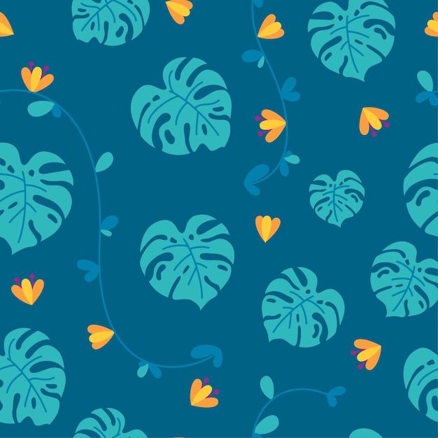 Jungle seamless pattern with flowers monstera leaves and lianas in blue background