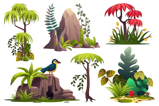 Jungle-set Deze illustratie is een plat ontwerp in cartoonstijl met een jungle-thema