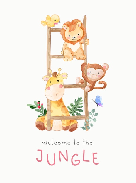 jungle-slogan met schattig dier dat op ladder hangt illustratie
