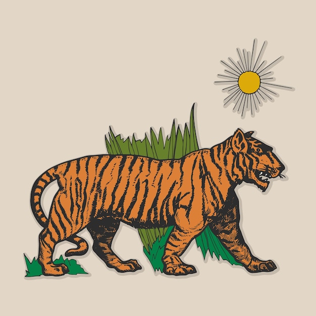 Jungle tiger under the sun logo retro vecchio modello di poster di illustrazione vintage elemento vettoriale di progettazione