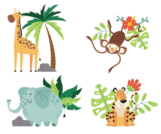 Vector jungle tropical africa cute safari animal isolated set flat graphic design illustration