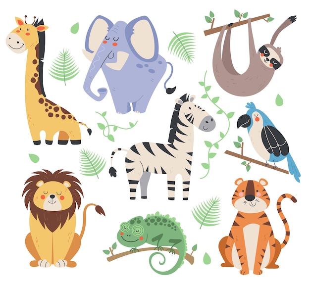 Jungle tropical animals flat cartoon set collection illustration