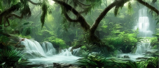 Vettore giungla cascata illustrazione vettoriale fantasia fauna mistica foresta tropicale paesaggio panoramico