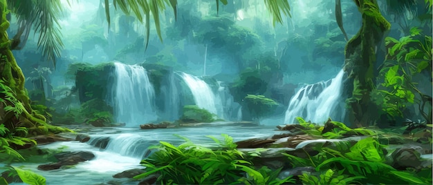 Jungle waterfall vector illustration fantasy mystical fauna tropical forest landscape panoramic