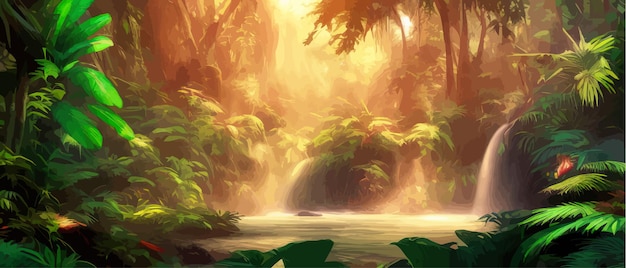 Jungle waterfall vector illustration fantasy mystical fauna tropical forest landscape panoramic