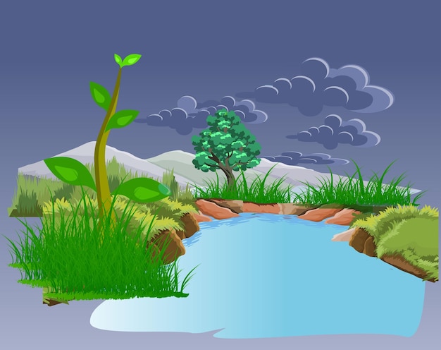 Vettore giungla con lago e giardino cielo scuro illustrazione vettoriale isolata