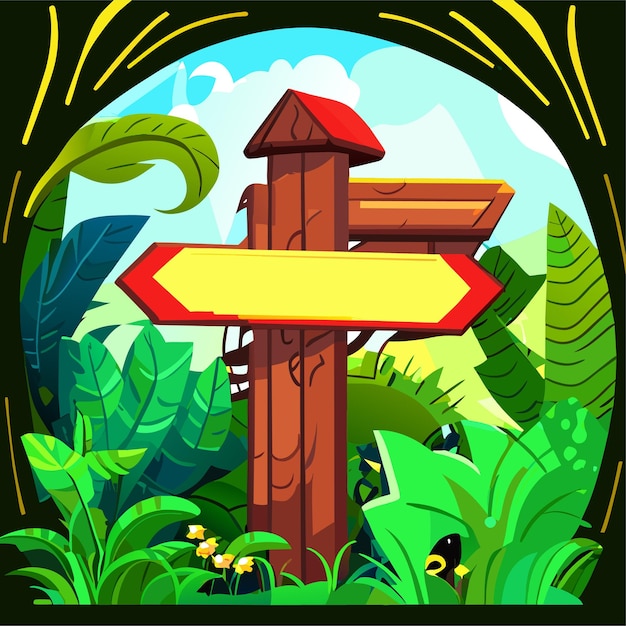 Vettore cartello in legno nella giungla con tucano e pietre erba verde e viti di liana foresta tropicale del fumetto