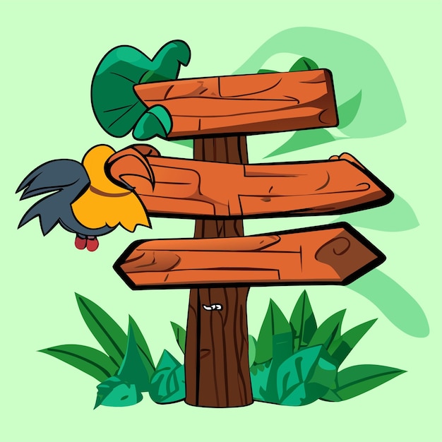 Jungle wooden sign board with toucan and stones green grass and liana vines cartoon tropical forest