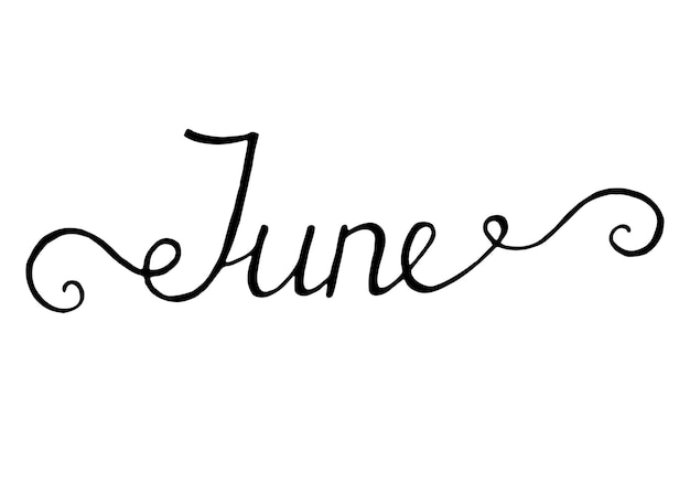 Vector juni belettering print zomer minimalistische illustratie geïsoleerde kalligrafie op witte achtergrond