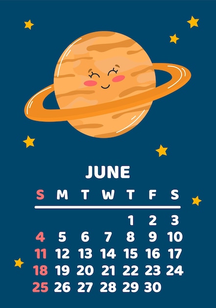 Juni Ruimtekalenderplanner 2023 Wekelijkse planning planeten ruimtevoorwerpen Week begint op zondag Saturnus