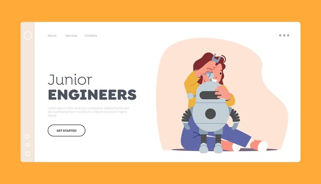 Junior Engineers Landing Page Template. Child Character Enjoying Science, Create Engineering Project, Programming Robot at Class or Workshop. Little Girl Making Cyborg. Cartoon Vector Illustration