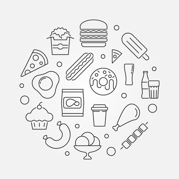 Bandiera di vettore dell'illustrazione del profilo circolare del cibo spazzatura