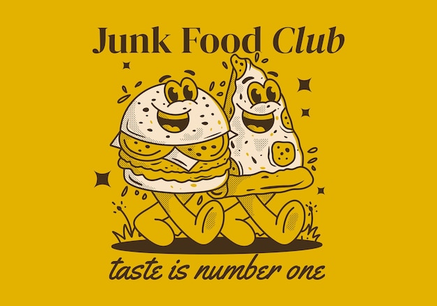 Junk food club taste is number one character illustration of walking burger and pizza