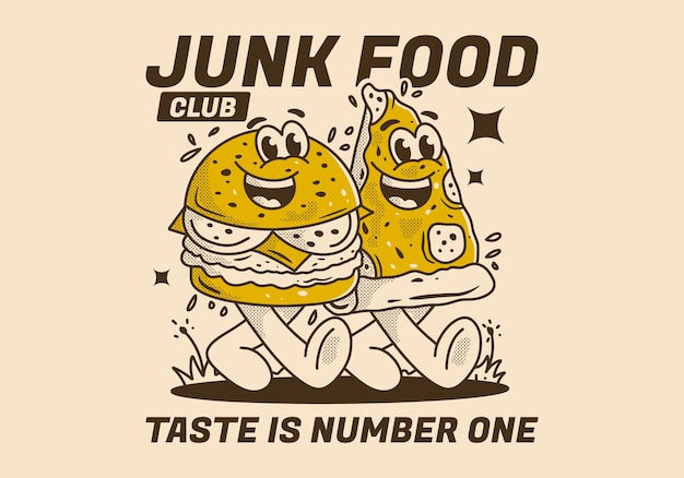 Junk Food club taste is number one Mascot character illustration of walking burger and pizza
