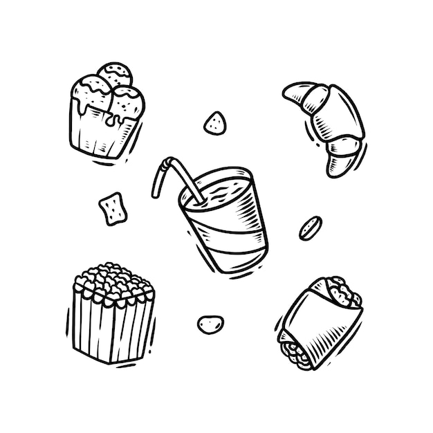 Illustrazione stabilita di scarabocchio del cibo spazzatura disegnata a mano