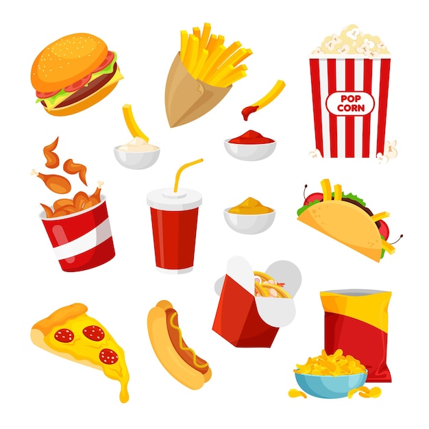 Vettore set di cibo spazzatura fastfood hamburger hotdog pizza chips patatine fritte popcorn coscia di pollo taco