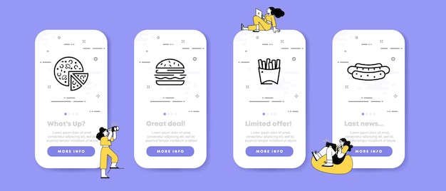 정크 푸드 세트 아이콘 감자 튀김 햄버거 샌드위치 핫도그 피자 빠른 먹는 개념 Ui 전화 앱 화면 비즈니스 및 광고를 위한 사람들 벡터 라인 아이콘