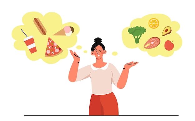 La donna spazzatura e il cibo sano confrontano il cibo da asporto e i prodotti naturali, una fetta di pizza, gelato e