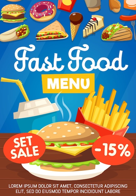 Junkfood snack fast food menu icone poster vettoriale