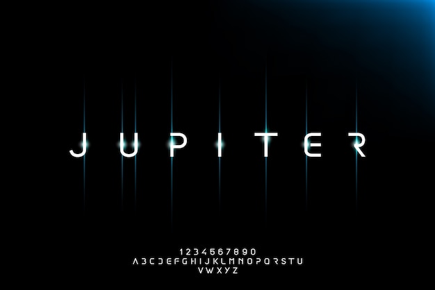 Юпитер, абстрактный футуристический шрифт алфавит с технологической темой. современный минималистичный дизайн типографики