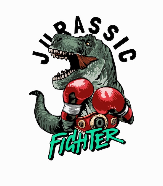 Vettore slogan del combattente giurassico con dinosauro nell'illustrazione dei guantoni da boxe