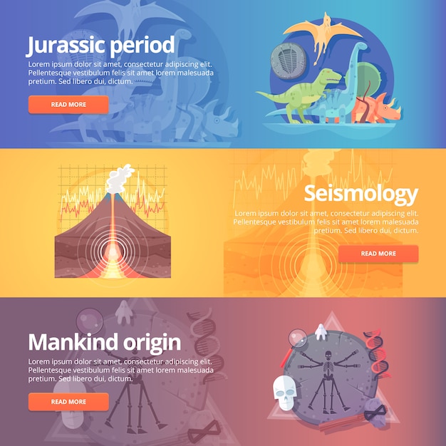 ジュラ紀。恐竜の年齢。地震学の科学。火山の噴火。人類の起源。人類学。生命の科学。地震の勉強。教育と科学のバナーを設定します。概念。