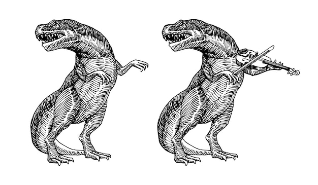 클래식 바이올린을 연주하는 공룡 쥬라기 파충류 검정 잉크로 티라노사우르스