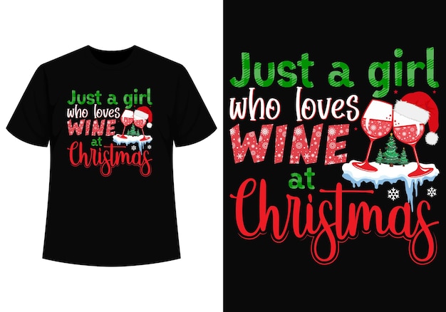 ワインのクリスマスtシャツのデザインが大好きな女の子