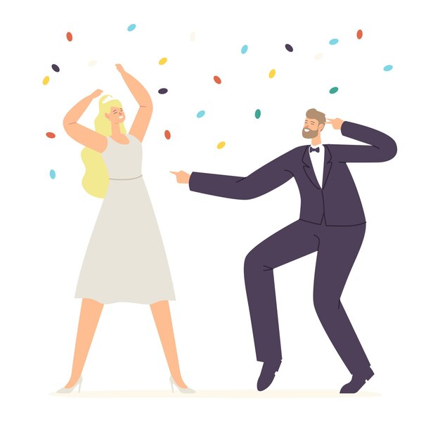 Just married bride and groom characters dance, happy newlywed couple perform wedding dancing during celebration concept. marriage ceremony, husband and wife fun. cartoon people vector illustration