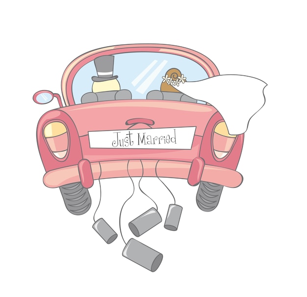 Vector just married car isolated vintage vector illustration