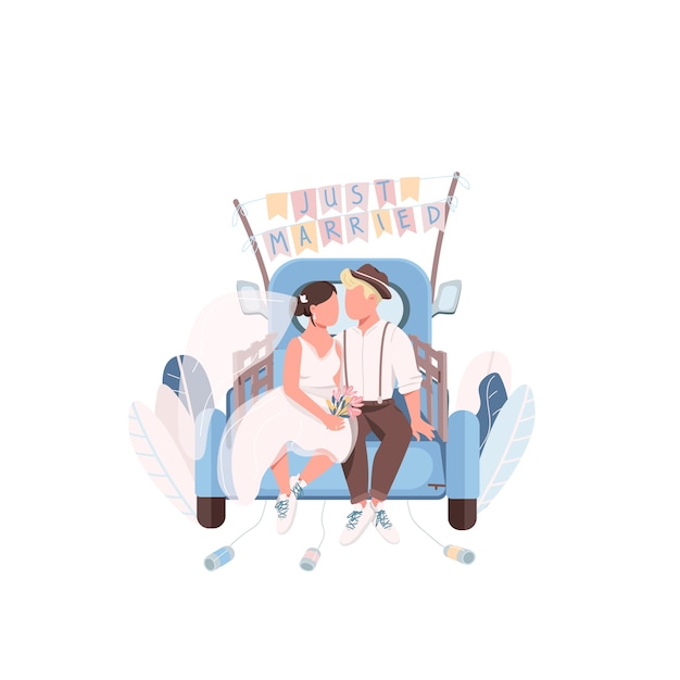 Vector just married couple in car flat color faceless characters
